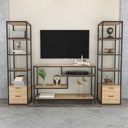 Comoda TV, Retricy, Robbins, 198x39x160cm, 100% PAL melaminat, Negru / Stejar