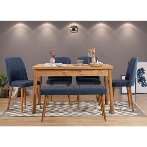 Set masa si scaune 6 piese, Vella, Costa 1048, 100% PAL melaminat, Pinul Atlantic / Albastru marin