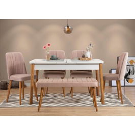 Set masa si scaune 6 piese, Vella, Santiago 0900, 100% PAL melaminat, Pinul Atlantic / Alb / Piatră