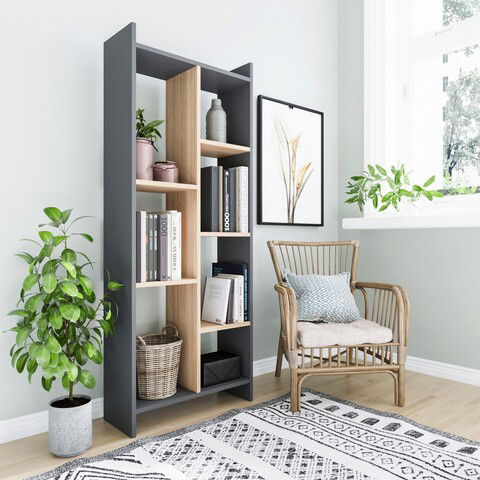 Corp biblioteca, Zena Home, Eden, 63.2x160x25cm, 100% PAL melaminat, Antracit / Stejar