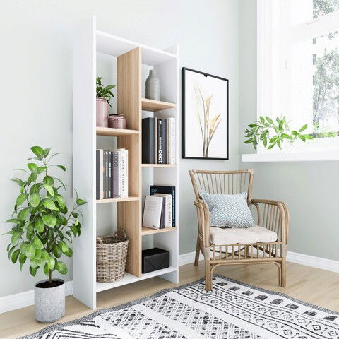 Corp biblioteca, Zena Home, Eden, 63.2x160x25cm, 100% PAL melaminat, Alb / Stejar