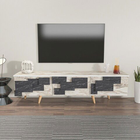 Comoda TV, Zena Home, 3 D, 160x45x35cm, 100% PAL melaminat, Alb / Marmură