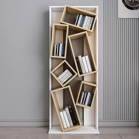 Corp biblioteca, Zena Home, Carmen, 63x153.6x24cm, 100% PAL melaminat, Alb / Stejar