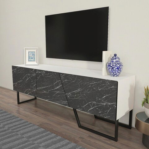 Comoda TV, Zena Home, Parla, 150x50.6x35cm, 100% PAL melaminat, Alb / Negru