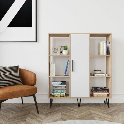 Corp biblioteca, Zena Home, Peoria, 120x123.6x25cm, 100% PAL melaminat, Stejar / Alb