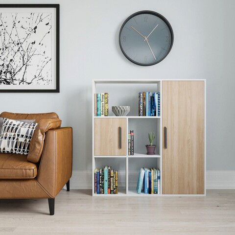 Corp biblioteca, Zena Home, Ridge, 120x123.6x25cm, 100% PAL melaminat, Alb / Stejar