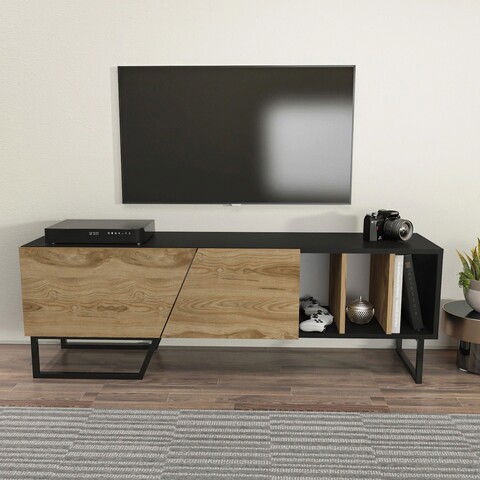 Comoda TV, Zena Home, Linossa, 150x50.5x35cm, 100% PAL melaminat, Negru / Stejar