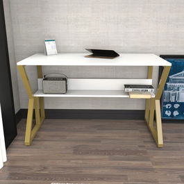 Birou, Zena Home, Wake, 120x72.8x60cm, 100% PAL melaminat, Alb / Aur