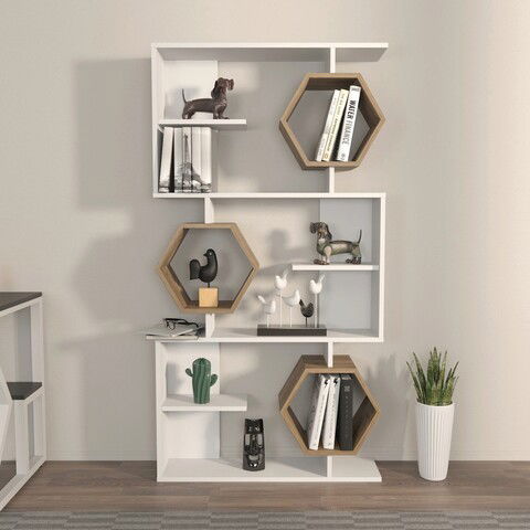 Corp biblioteca, Zena Home, Darla, 90x171x24.6cm, 100% PAL melaminat, Alb / Nuc