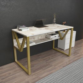 Birou, Zena Home, Lona, 120x72.8x60cm, 100% PAL melaminat, Alb / Aur
