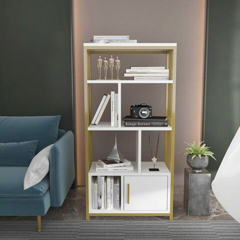 Corp biblioteca, Zena Home, Valero, 60x120x29.6cm, 100% PAL melaminat, Alb / Aur