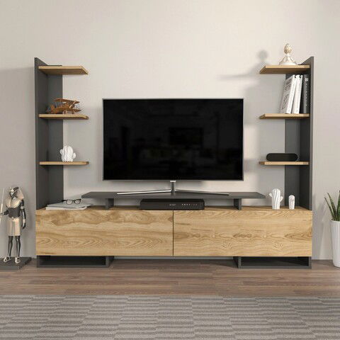 Comoda TV, Zena Home, Ava, 183.6x140x31.7cm, 100% PAL melaminat, Stejar / Negru