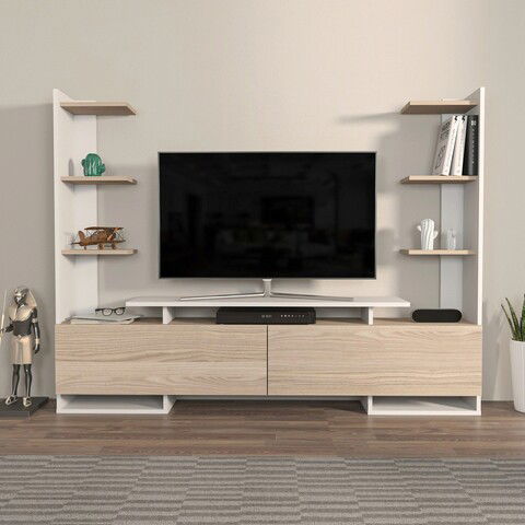 Comoda TV, Zena Home, Ava, 183.6x140x31.7cm, 100% PAL melaminat, Alb / Stejar
