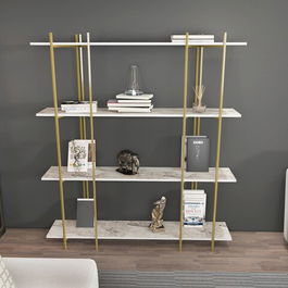 Corp biblioteca, Zena Home, Moss, 160x180x29.6cm, 100% PAL melaminat, Alb / Aur