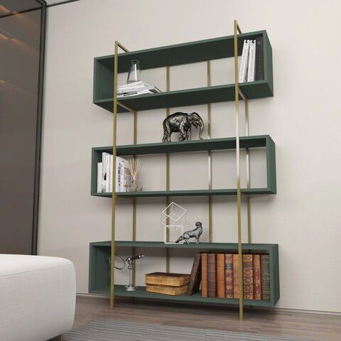 Corp biblioteca, Zena Home, Bruti, 120x180x29.6cm, 100% PAL melaminat, Verde / Aur