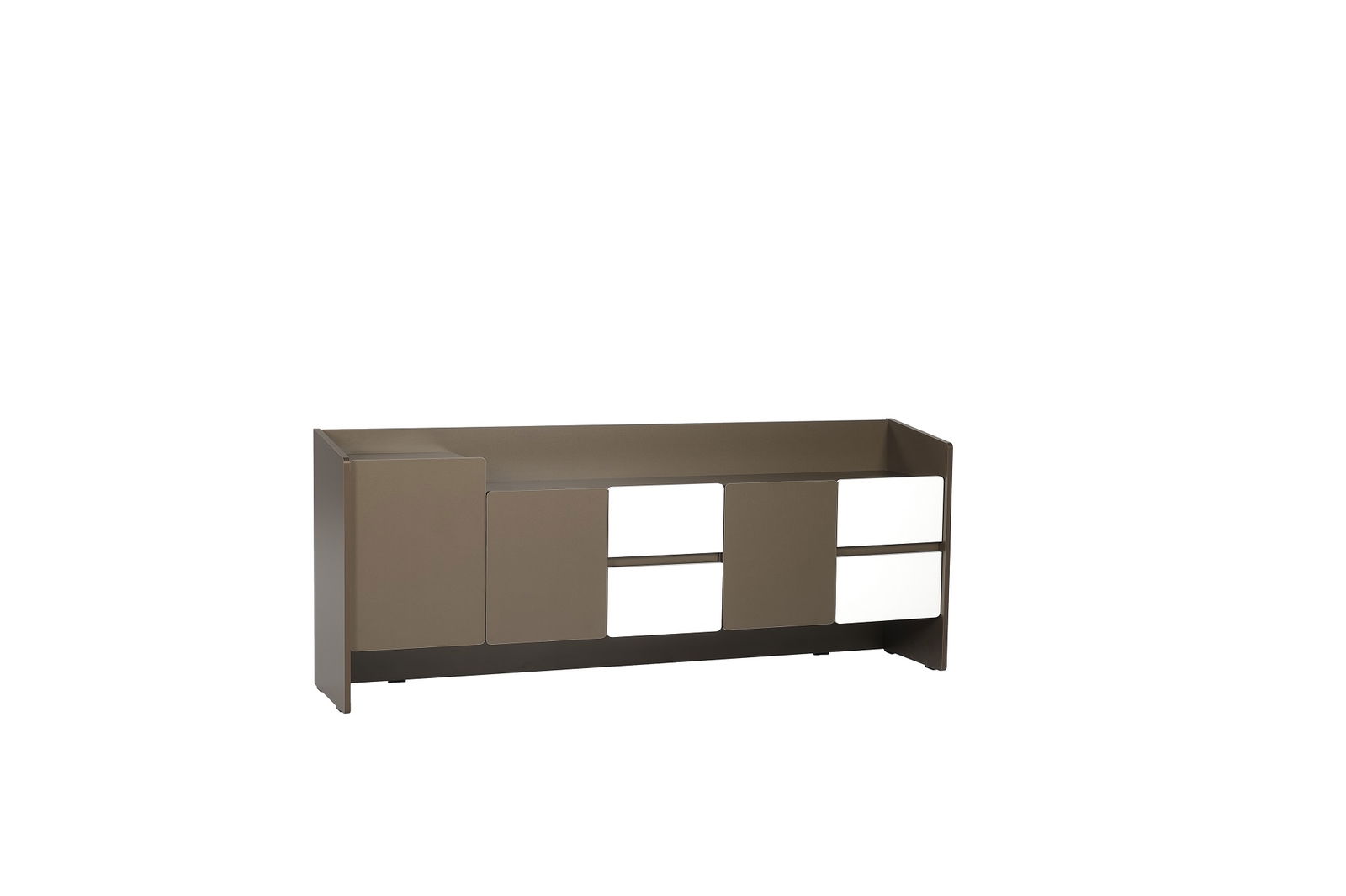 Comoda din pal si metal, cu 3 usi si 4 sertare, Plex Grej / Alb, l200xA44xH81 cm