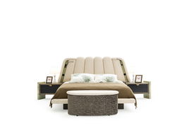 Set Pat si banca tapitate cu stofa, LED inclus, cu pat 200 x 180 cm, Da Vinci Crem / Grej
