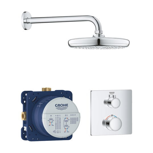 Baterie cada - dus termostatata Grohe Grohtherm Perfect cu montaj incastrat corp ingropat inclus set Tempesta 210 cu palarie si brat de dus de perete crom