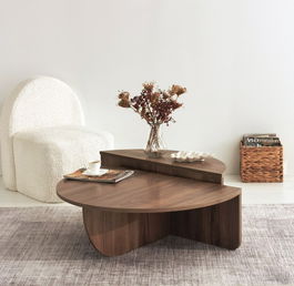 Set 2 mese de cafea din pal, Podium Nuc, L90xl60xH30 cm / L85xl30xH35 cm