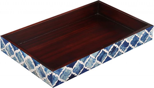 Tava decorativa Handicrafts, lemn/rasina, albastru/alb/maro, 25 x 15 cm