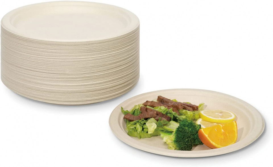Set de 50 farfurii de unica folosinta TRADENCT, biodegradabile, fibra din trestie de zahar, crem, 25 cm