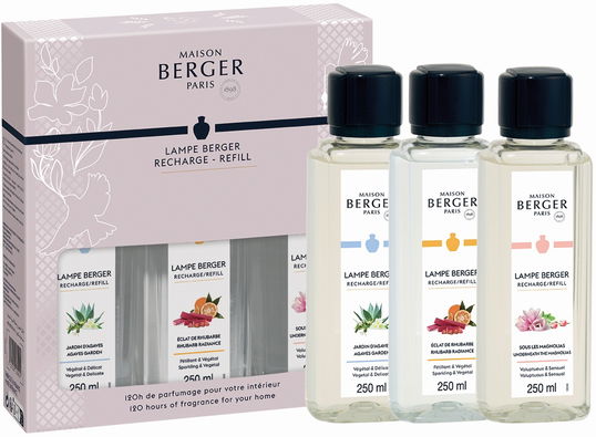 Set 3 parfumuri pentru lampa catalitica Berger Joy Jardin d`Agaves + Eclat de Rhubarbe + Sous les Magnolias 3 x 250ml