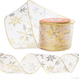 Panglica decorativa pentru Craciun VGOODALL, poliester, alb/auriu, 9 m x 6 cm