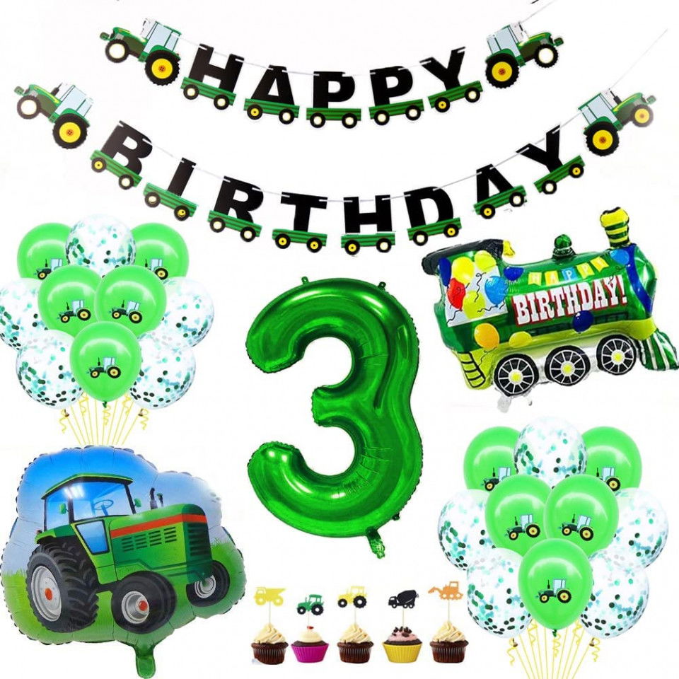 Set aniversar pentru 3 ani Zhuoai, tematica tractor, verde, latex/folie/hartie, 26 piese