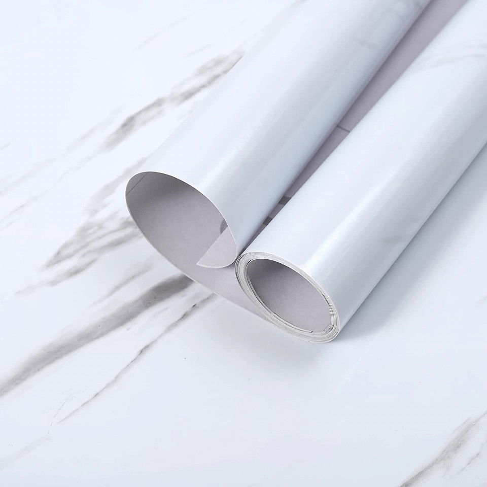 Tapet autoadeziv Hode, PVC, alb/gri, model marmura, 30 cm x 3 m