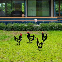 Set decoratiuni pentru gradina, Chicken Family / 4, Metal, Negru