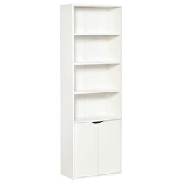 Biblioteca Moderna HOMCOM 4 Etajere cu Dulapior din Lemn cu 2 Usi, Mobilier Multifunctional pentru Sufragerie, Birou si Camera birou, 59x29x180cm, Alb