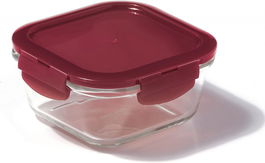 Caserola cu capac pentru depozitarea alimentelor LOCK & LOCK, sticla/plastic,transparent /visiniu, 14 x 14 x 6,7 cm