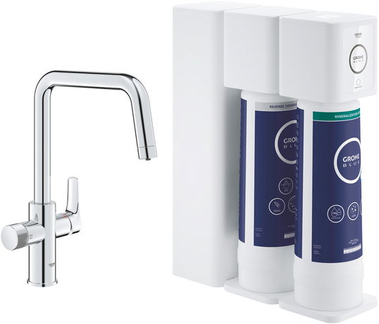 Baterie bucatarie Grohe Blue Pure Eurosmart cu pipa U sistem filtrare osmoza + mineralizare starter kit crom