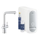 Baterie bucatarie Grohe Blue Home Duo cu dus extractibil pipa L sistem filtrare racire si carbonatare starter kit crom