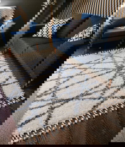 Covor de hol, 2991A , 80x150 cm, Poliester, Alb / Albastru
