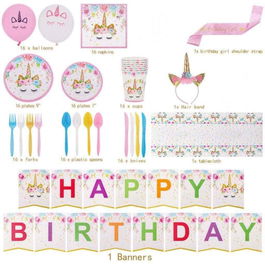 Set de tacamuri pentru petrecere Softec, hartie, multicolor, model unicorn, 16 persoane, 114 bucati