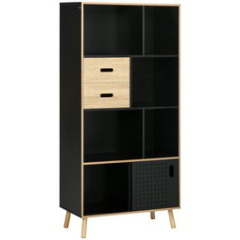 HOMCOM Biblioteca Moderna din MDF si PAL cu 2 Sertare si 7 Rafturi Deschise, 80x40x165 cm, Negru si Lemn natur
