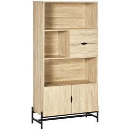 HOMCOM Biblioteca de Perete din MDF si Metal cu 2 Sertare, 2 Dulapioare si 4 Rafturi Deschise, 80x35x155 cm, culoare Lemn natur