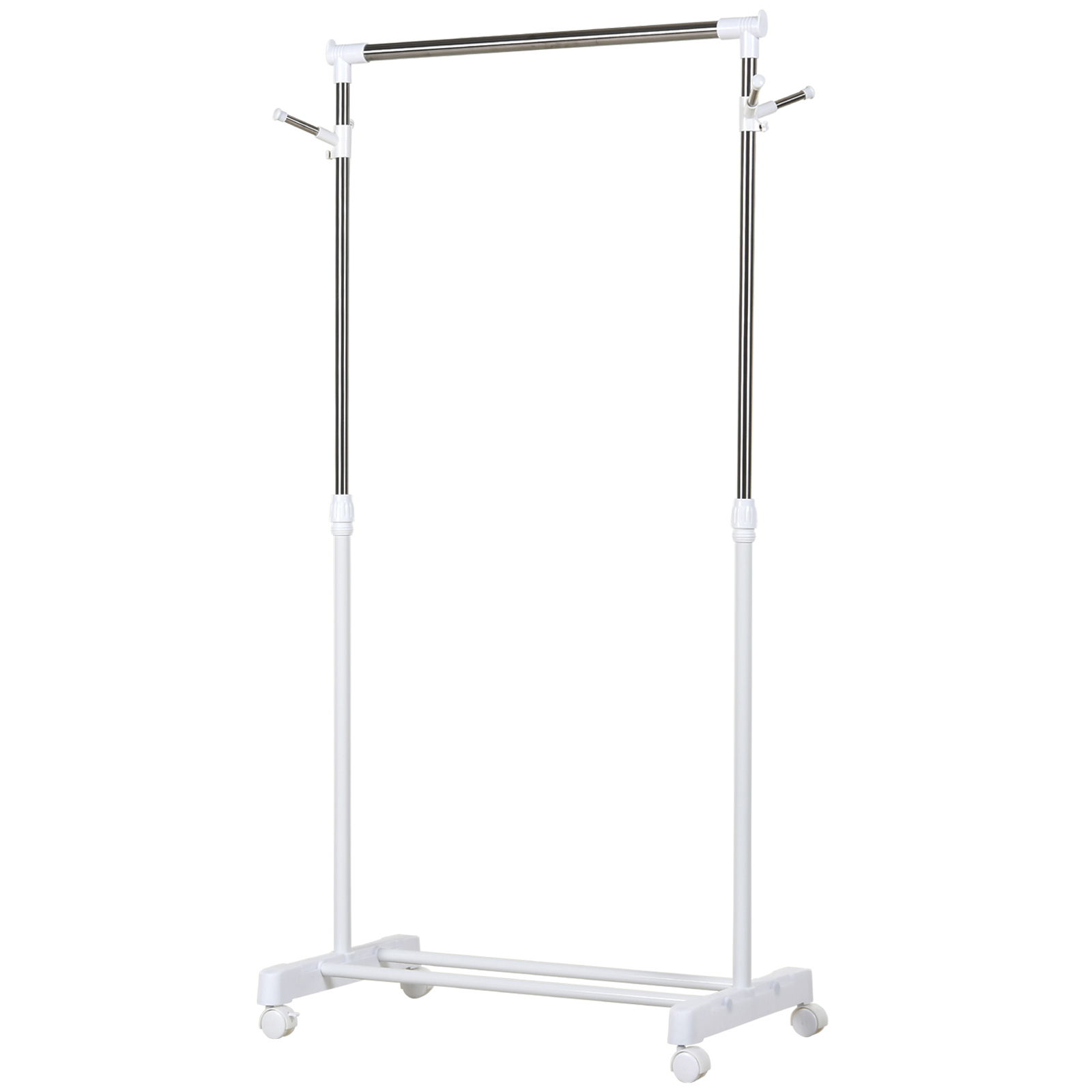 HOMCOM Suport de Haine din Otel Inoxidabil Reglabil pe Inaltime cu Baza de Depozitare si 4 Roti, 68,5x42x87-145 cm, Alb si Argintiu