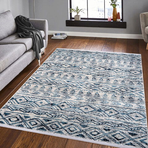 Covor de hol, Bohem 4004, 75x150 cm, Poliester, Alb / Albastru