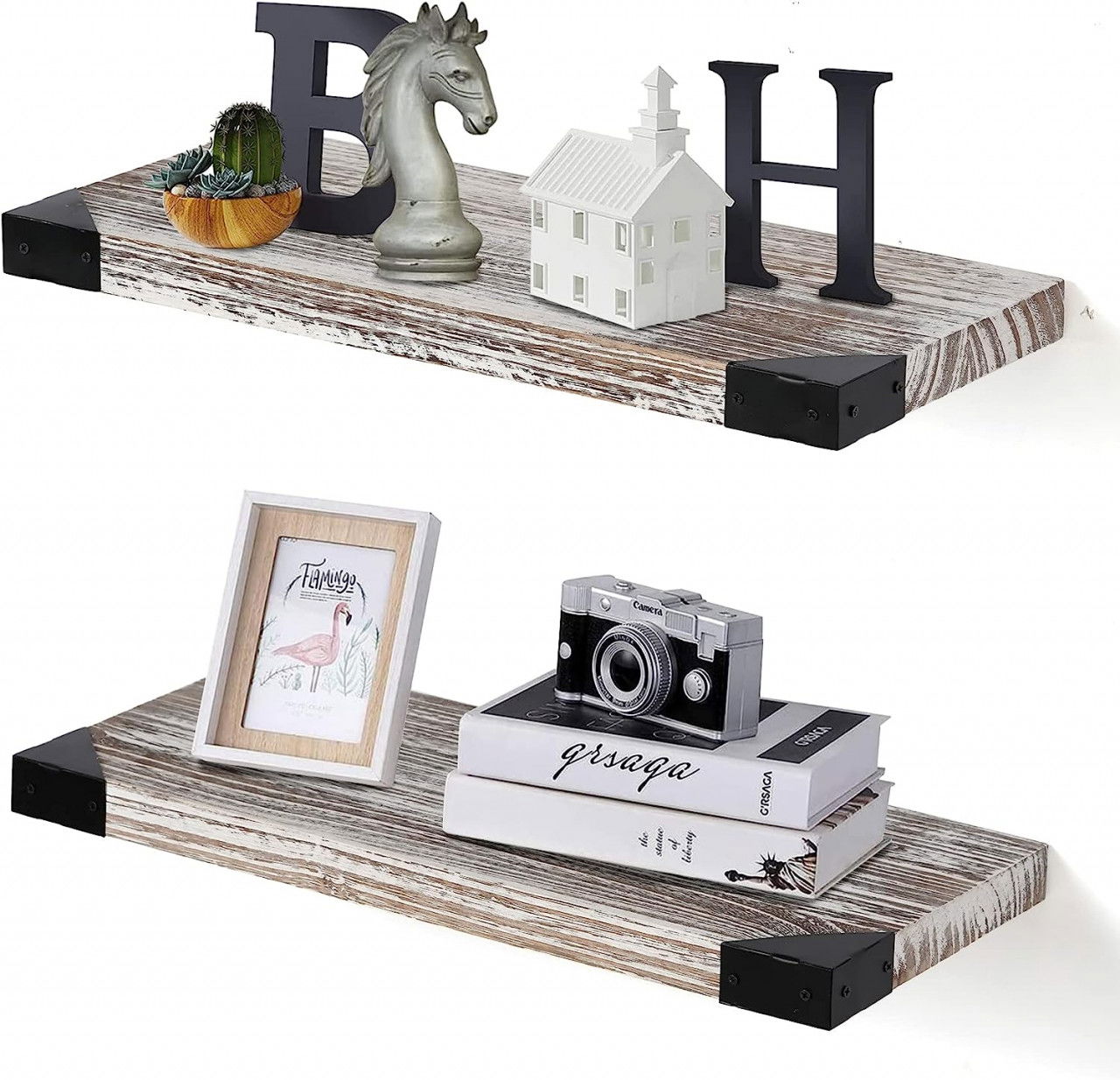 Set de 2 rafturi de perete QILICZ, lemn, maro/negru, 40 × 18 × 2,5 cm