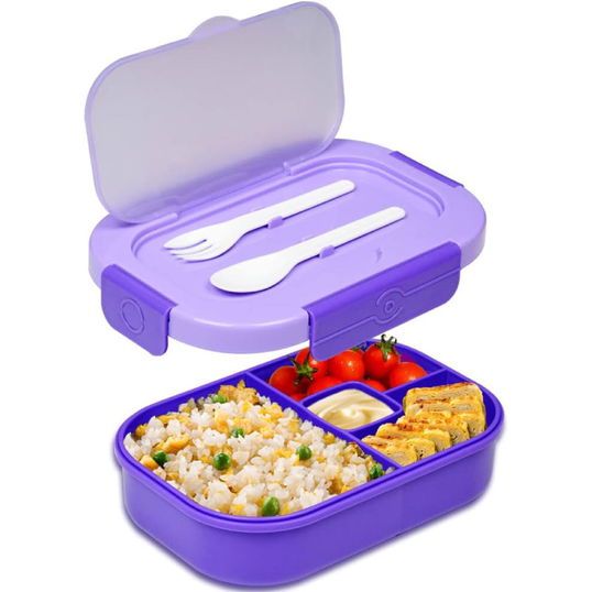 Caserola pentru pranz cu 3 compartimente si tacamuri HONZUEN, polipropilena, mov, 1300 ml, 22,8 x 16 x 6,5 cm