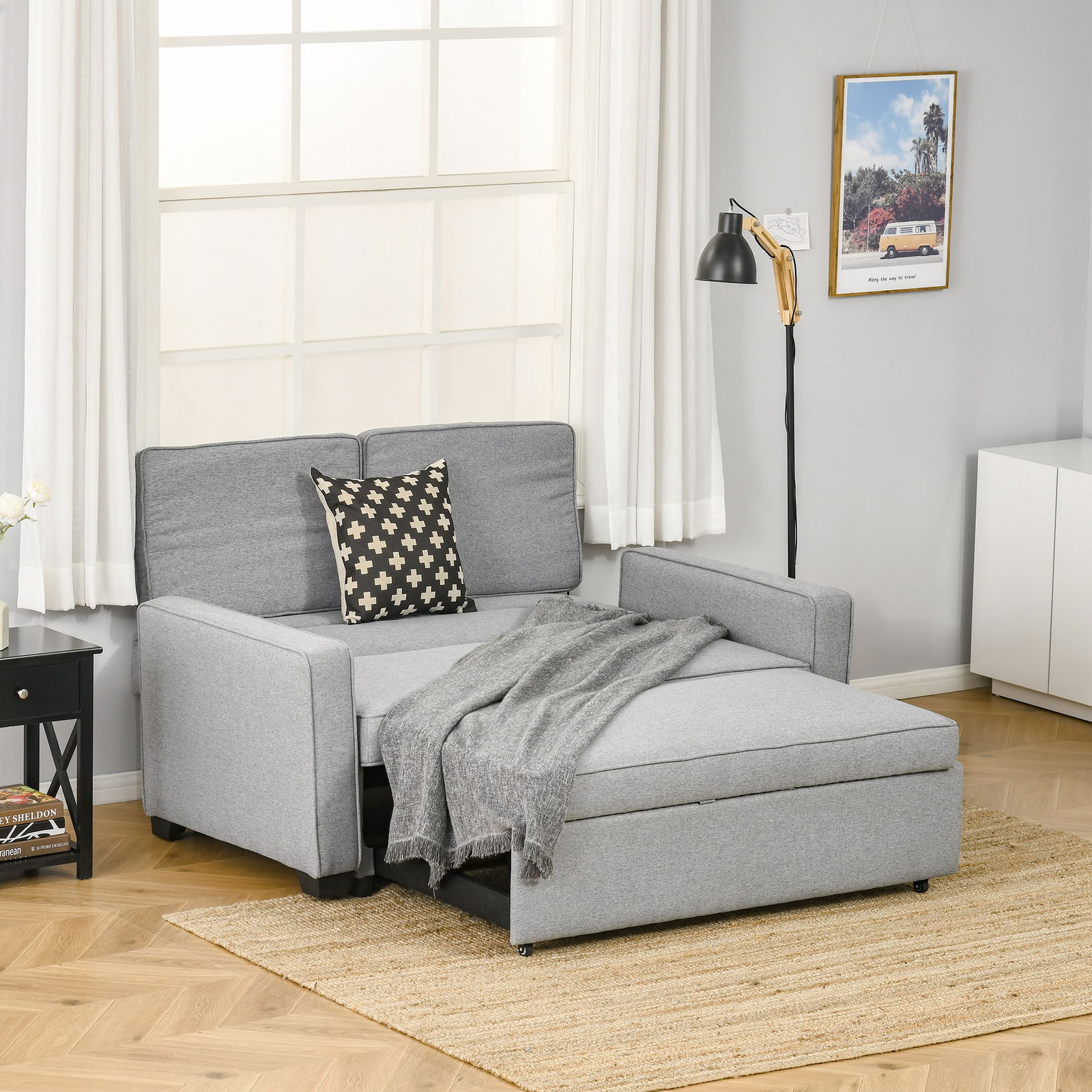 HOMCOM Canapea pat cu tapițerie din material textil, canapea 2 locuri cu spătar reglabil pe 3 niveluri, gri