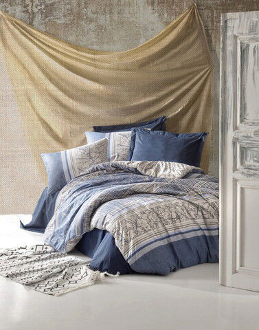 Lenjerie de pat dubla (EU) (IT), Serra - Dark Blue, Cotton Box, Bumbac Ranforce