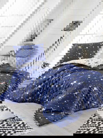 Set lenjerie de pat pentru o persoana Single XL (DE), 2 piese, Halley - Dark Blue, EnLora Home, 65% bumbac/35% poliester