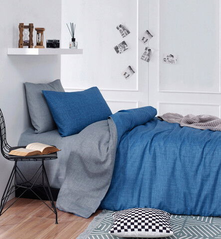 Set lenjerie de pat pentru o persoana Single XL (DE), 2 piese, Maxicolor - Blue, Grey, Burete Acasă, 65% bumbac/35% poliester