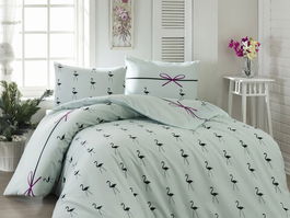 Lenjerie de pat dubla (EU) (IT), 3 piese, Flamingo - Mint, Eponj Home, 65% bumbac/35% poliester