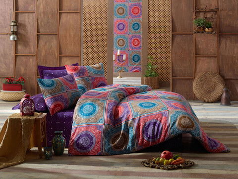 Lenjerie de pat dubla King (EU) (ES), 3 piese, Ornament - Purple, Eponj Home, 65% bumbac/35% poliester