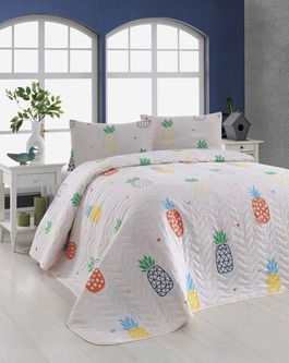 Set cuvertura matlasata dubla King (FR), 3 piese, Joke Ananas - Cream, Eponj Home, 65% bumbac/35% poliester