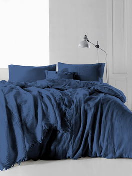 Lenjerie de pat dubla (DE), 3 piese, Müslin Stonewashed - Dark Blue, Limasso, Bumbac
